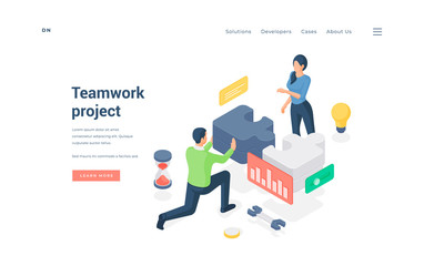 Poster - Business team working on project together isometric vector illustration