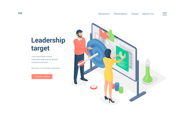 Poster - Company leaders analyzing target data on whiteboard isometric vector illustration