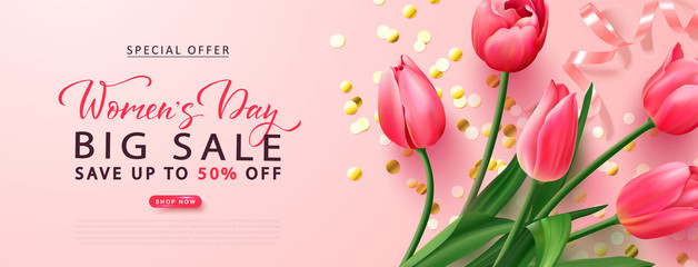 Women's day big sale poster.8 march holiday background with tulips and golden serpentine. Vector illustration for banner, brochures, booklets, promotional materials, website.