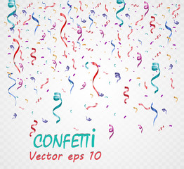 Poster - Lots of colorful tiny confetti and ribbons on transparent background. Festive event and party. Multicolor background.Colorful bright confetti isolated on transparent background