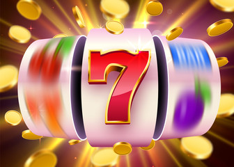 Golden slot machine with flying golden coins wins the jackpot. Big win concept.