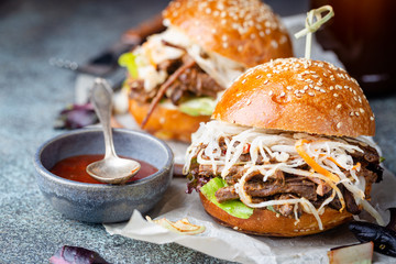 Wall Mural - Pulled beef burger with cabbage salad and bbq sauce on paper