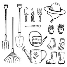 Hand Drawn Vector Illustration. Collection Of Garden Tools And Supplies. Vintage Garden Set In Sketch Style. Outline Decorative Elements Isolated In White. For Design, Typography, Prints, Cards Etc.