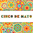 Cinco De Mayo card with bright ornate letters and festive background.
