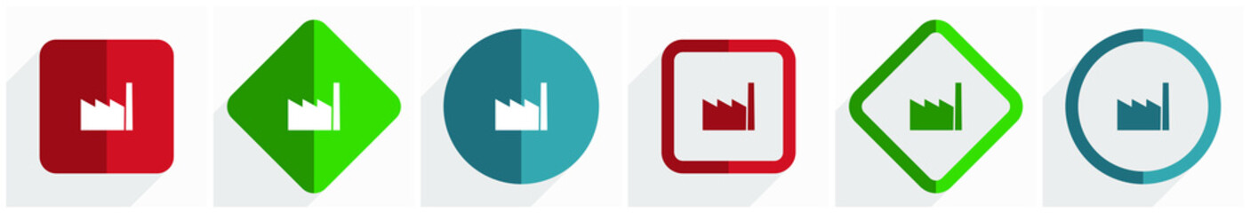 Leinwandbilder - Factory icon set, flat design vector illustration in 6 options for webdesign and mobile applications in eps 10