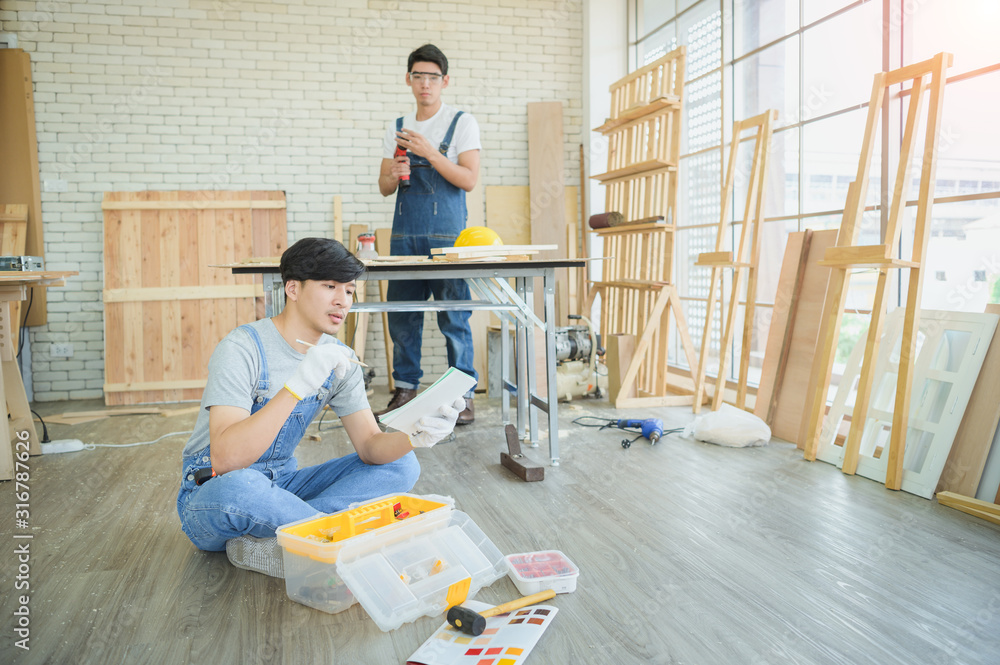 Man Doing Woodwork In Carpentry Carpenter Work On Wood Plank In Workshop  Wall Mural-2B