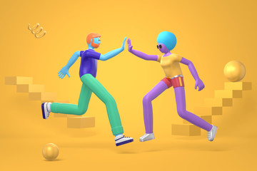 Informal greeting to a young hipster guy with a beard and an african girl with a haircut and disproportionate body. Abstract bright background of flying geometric shapes in cartoon style. 3D rendering