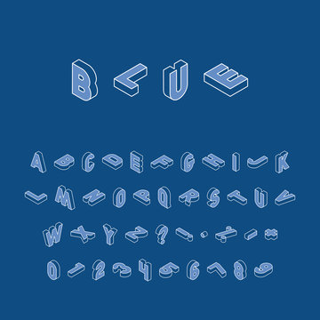 isometric letters, numbers and signs in different directions with white thin line contour on classic blue background. vintage vector alphabet in trendy colors easy to edit and customize. eps 10