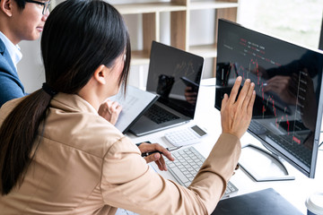 Poster - Business team investment working with computer, planning and analyzing graph stock market trading with stock chart data, business financial investment and technology concept
