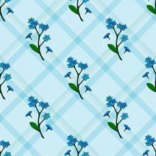 Seamless Pattern With Forget-me-nots On Blue Checkered Background. Endless Pattern With Flowers For Your Design.