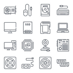 Poster - Computer parts device related line icon set. Components and hardware vector linear icons.