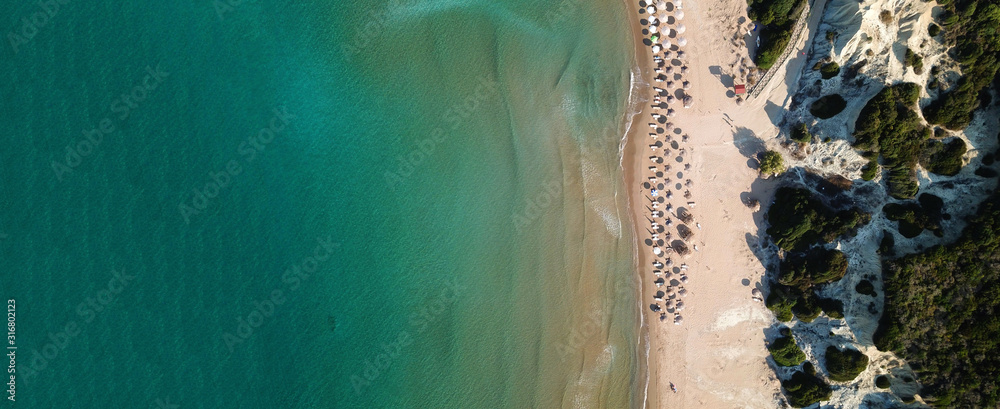 Obraz na płótnie Aerial drone ultra wide top down photo of famous natural preserve beach of Gerakas, Zakynthos island, Ionian, Greece w salonie