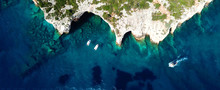 Aerial Drone Ultra Wide Photo Of Famous Blue Caves In North Part Of Zaktynthos Island, Ionian, Greece