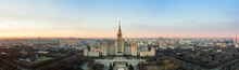 Aerial View Of Lomonosov Moscow State University On Sparrow Hills, Moscow, Russia. Scenic Panorama Of Moscow With The Main Building Of MSU From Above