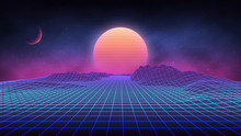 Futuristic Retro Landscape Of The 80`s. Vector Futuristic Illustration Of Sun With Mountains In Retro Style. Digital Retro Cyber Surface. Suitable For Design In The Style Of The 1980`s.