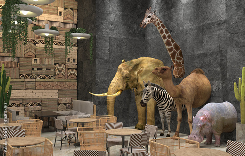 stuffed-wild-african-animals-elephant-giraffe-zebra-camel-hippopotamus-in-the-interior-of-the-restaurant-or-cafe-creative-interior-design-with-african-style-decoration-3d-rendering