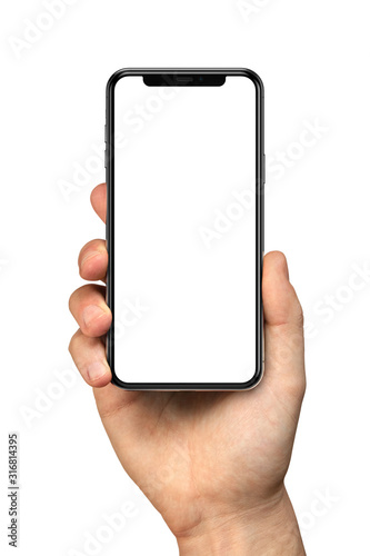 Fotomural Man hand holding the black smartphone with blank screen and modern frameless des