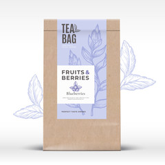 Wall Mural - craft paper bag with fruit and berries tea label. abstract vector packaging design layout with reali