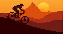 Vector Downhill Mountain Biking Illustration With Rider On A Bike And Wild Nature Landscape. Downhill, Enduro, Cross-country Biking Banner