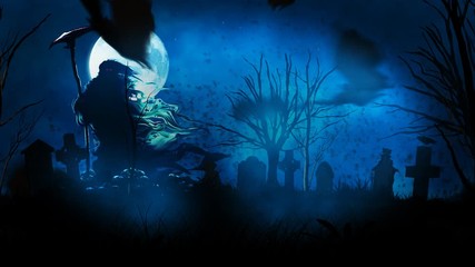 Wall Mural - grim reaper with full moon tombstones and bats 4k loop features a graveyard with fog rolling and a f