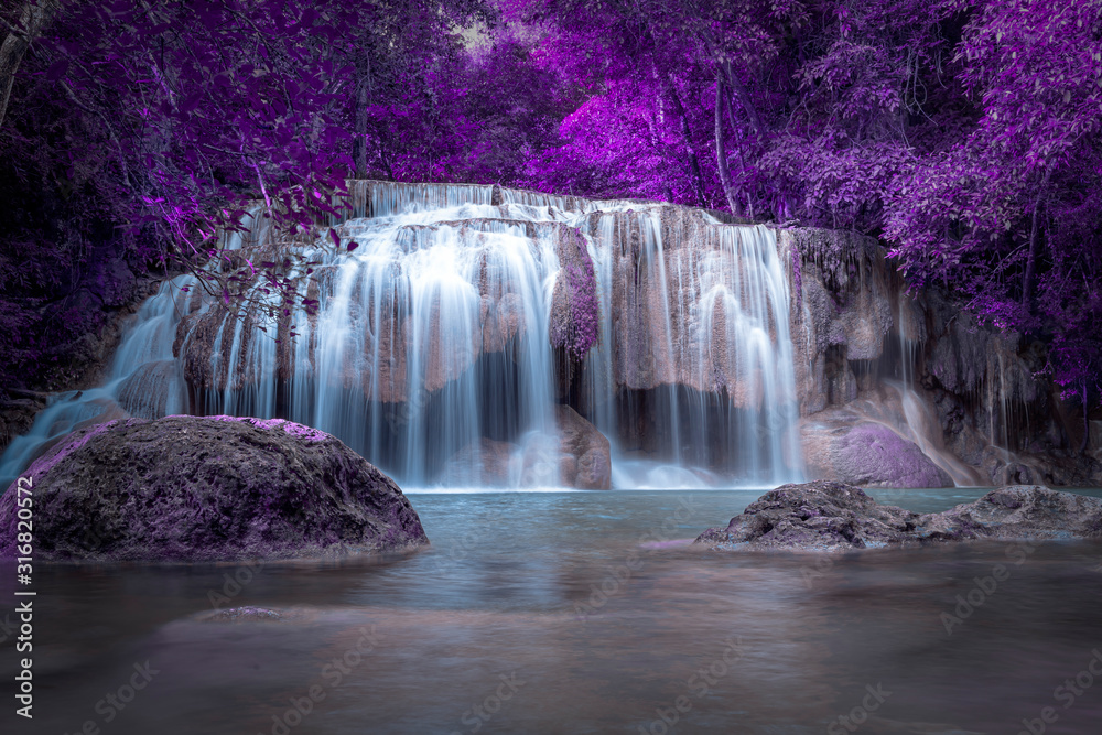 purple waterfall magic colorful, picture painted like a fairytale world - obrazy, fototapety, plakaty 