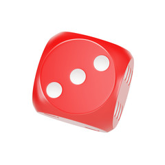 Red dice for games and casinos, 3 points, 3D llustration.