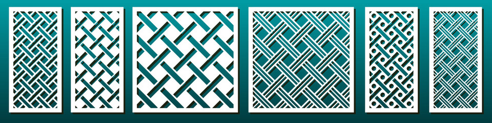 Laser cut pamels template, vector set. Abstract geometric pattern. Stencils, die for metal cutting, paper art, fretwork, wood carving, card background, wall panel design.