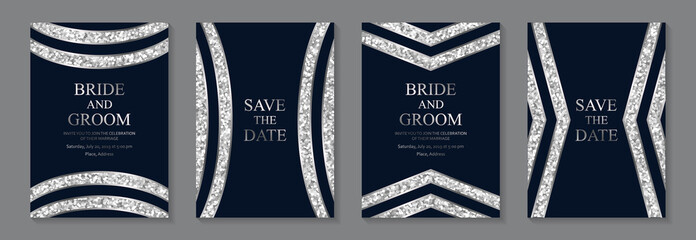 Poster - Set of modern geometric luxury wedding invitation design or card templates for business or presentation or greeting with silver lines and glitter stripes on a navy blue background.