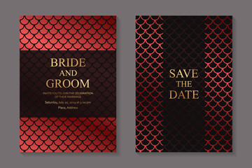 Wedding invitation design or greeting card templates with golden text and red scales on a black background.