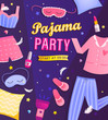 Pajama party's invitation flyer. Night time for kids and parents, nightwear, pillows, fun. Poster for happy event. Birthday celebration for children in pyjamas.Vector illustration.