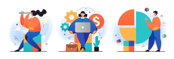 Business Strategy research illustrations. Concept Illustration of a different businessman making research and analize. Perfect for web design, banner, mobile app, landing page