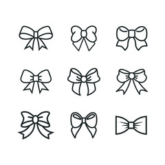 Ribbon Bow Icons set. Black gift bows silhouette. Template design for surprise, celebration event, presents, birthday, Christmas ribbons