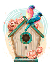 Birdhouse With Flowers And Birds. Wall Sticker. Artistic, Color, Hand-drawn Image Of A Birdhouse With Birds And Flowers In Watercolor Style On A White Background.