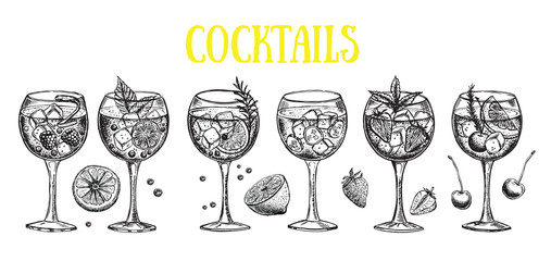 Alcoholic cocktails sketch. Нand drawn illustrations.