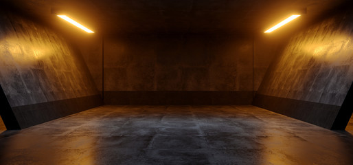 Cement Dark Grunge Orange White Glowing Led Parking Underground Car Warehouse Garage Studio Rough Modern Reflective Spaceship Tunnel Corridor Showcase 3D Rendering