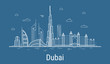 Dubai city line art Vector illustration with all famous towers. Cityscape.