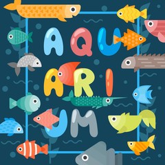 Wall Mural - Aquarium fish typographic poster, vector illustration. Abstract colorful sea creatures, underwater life. Fish store decorative booklet cover, pet store brochure, aquarium invitation card template