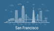 San Francisco city, Line Art Vector illustration with all famous towers. Linear Banner with Showplace. Composition of Modern buildings, Cityscape. San Francisco buildings set.