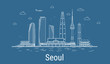 Seoul city, Line Art Vector illustration with all famous towers. Linear Banner with Showplace. Composition of Modern buildings, Cityscape. Seoul buildings set.