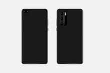 Black Phone In A Realistic Style. Stylish Phone On Both Sides And With Three Cameras. Phone Mock Up. Vector Eps Illustration.