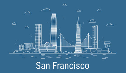 Wall Mural - San Francisco city, Line Art Vector illustration with all famous towers. Linear Banner with Showplace. Composition of Modern buildings, Cityscape. San Francisco buildings set.