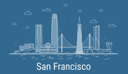 Canvas Print - San Francisco city, Line Art Vector illustration with all famous towers. Linear Banner with Showplace. Composition of Modern buildings, Cityscape. San Francisco buildings set.