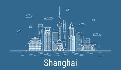 Canvas Print - Vector Shanghai City. All Shanghai famous buildings. Line art style. Skyline.