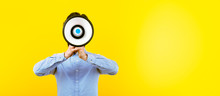 Man With A Megaphone Over Yellow Background, Panoramic Image With Space For Text, Announcement Concept