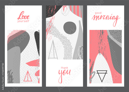 Set of creative universal geometric cards. Designs for prints, wedding, anniv...