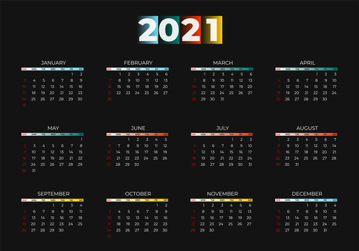 2021 new year calendar page color blue, green, orange, yellow gradient colorful diary desktop. Week Start Sunday. Business day and month planner template on black. Vector mock up illustration