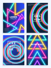Fototapete - Neon poster, retro design, 80s Sci-Fi pattern, Futuristic Background. Flyer template. Shapes, motion, abstract, geometric vector illustration for music party invitation, minimalist banner, 1980 print