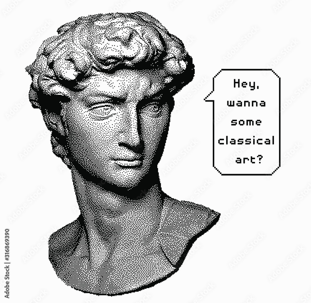 Vector pixel art ilustration with Michelangelo's David bust and speech bubble. Trendy ironical print for notebook, t-shirt or apparel. - obrazy, fototapety, plakaty 