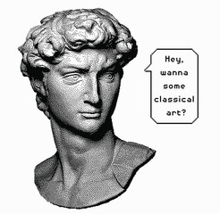 Poster - Vector pixel art ilustration with Michelangelo's David bust and speech bubble. Trendy ironical print for notebook, t-shirt or apparel.