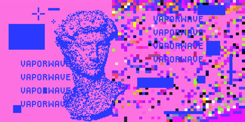 Aufkleber - Vector pixel art ilustration with Michelangelo's David bust. Vaporwave and retrowave style, postmodern aesthetics with Renaissance antique Greek sculpture.